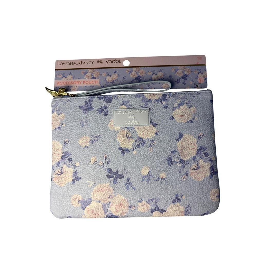 LoveShackFancy x Target Yoobi Blue Floral Accessory Pouch Wristlet Bow Case NWT